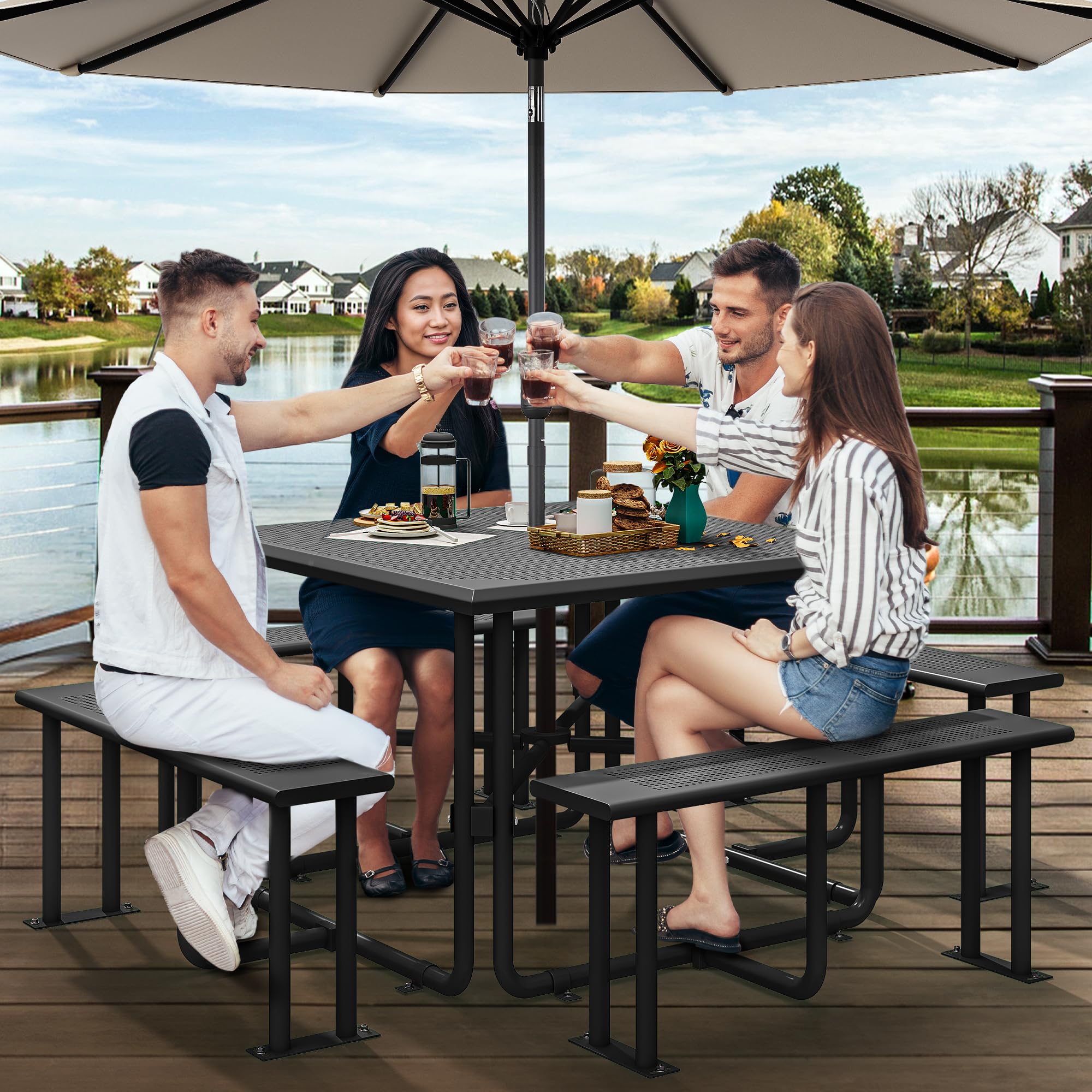 Yitahome Heavy Duty Steel Picnic Table, 46' Coated Outdoor Picnic Table W/Sturdy Steel Frame & Umbrella Hole For Yard Patio Lawn Party, Square, Black